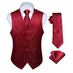 NEW MENS Vest Set 3PC Waistcoat Paisley Burgundy